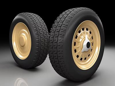 Pair of Black Tires with Golden Rims and Tread Pattern Design 3d model