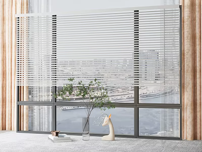 Stylish French Window with Vertical Blinds City View Curtains Plant and Decor 3d model