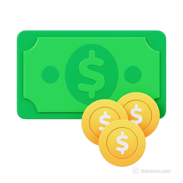 Green Paper Bill With Dollar Sign And Three Yellow Coins 3d model 