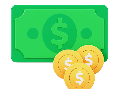 Green Paper Bill With Dollar Sign And Three Yellow Coins 3d model