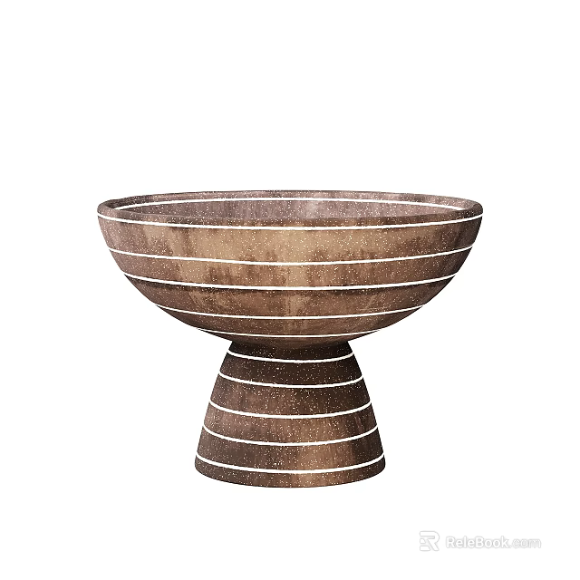 Brown Ceramic Bowl With White Stripes And Pedestal Base For Home Decor 3d model 