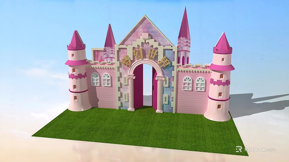 Pink Castle Themed Stage With Spire Towers Archway And Green Grass Blue Sky 3d model 