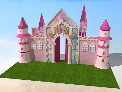 Pink Castle Themed Stage With Spire Towers Archway And Green Grass Blue Sky 3d model