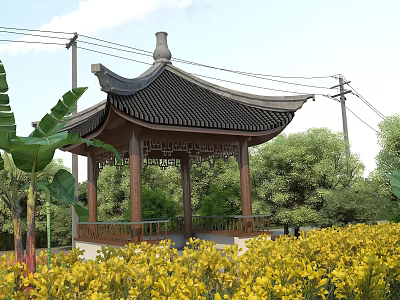 Traditional Chinese Pavilion With Black Tiled Roof Wooden Structure Surrounded By Yellow Flowers Green Trees 3d model