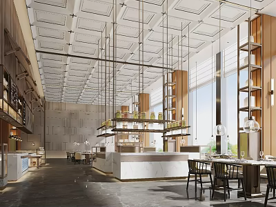 Modern Restaurant Interior With White Square Ceiling Hanging Lights Bar Counter Dining Tables And Chairs 3d model