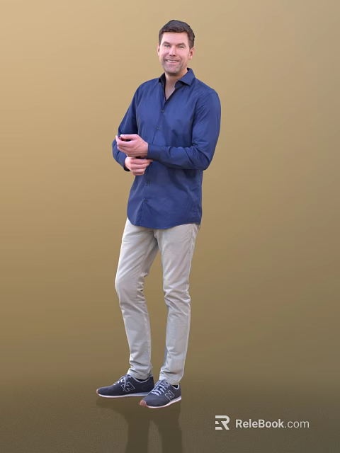 Man in Blue Shirt and Light Pants Standing Against Brown Background in Casual Outfit 3d model 