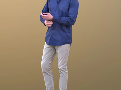 Man in Blue Shirt and Light Pants Standing Against Brown Background in Casual Outfit 3d model