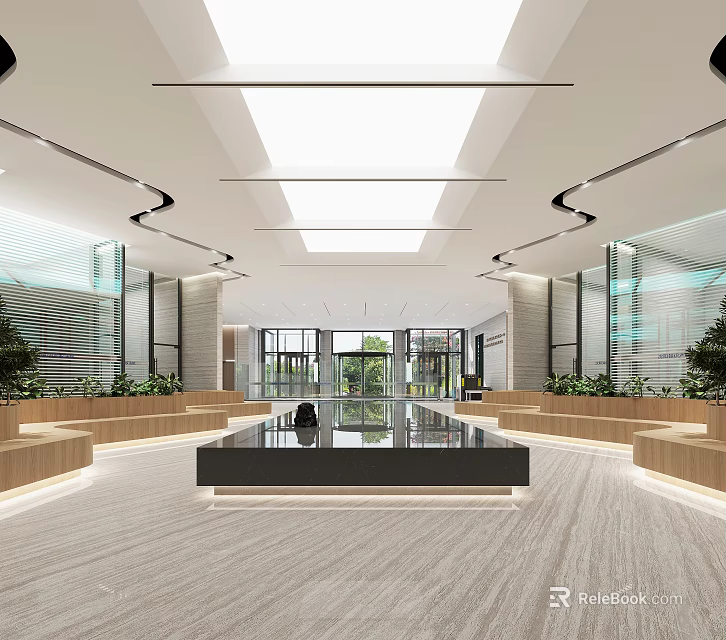 Modern Lobby Reception Desk Interior Design With Skylight Plants And Seating Area 3d model 