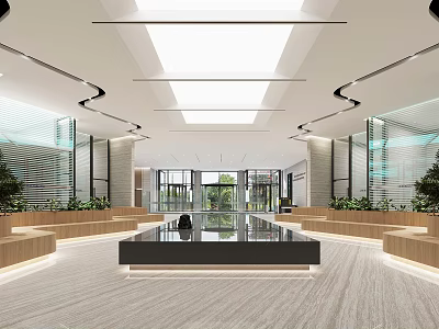 Modern Lobby Reception Desk Interior Design With Skylight Plants And Seating Area 3d model
