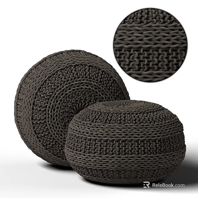 Round Dark Brown Knitted Pouf Ottoman With Woven Texture for Home Decor 3d model 