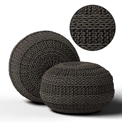 Round Dark Brown Knitted Pouf Ottoman With Woven Texture for Home Decor 3d model