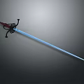 Medieval Fantasy Sword With Blue Glowing Blade Red Hilt And Decorative Guard