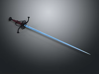 Medieval Fantasy Sword With Blue Glowing Blade Red Hilt And Decorative Guard 3d model
