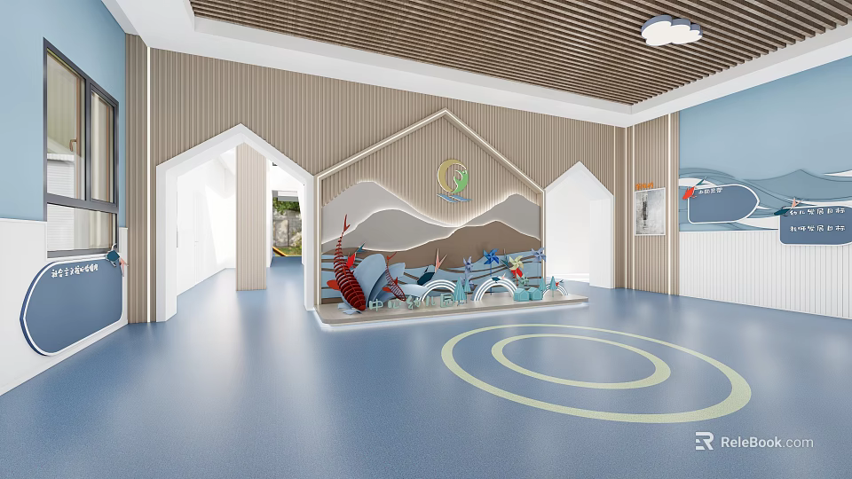Colorful Kindergarten Interior Design With Wavy Backdrop And Circular Floor Patterns 3d model