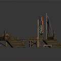 Outdoor Wooden Dock Structure With Steps Colorful Flags And Circular Platform