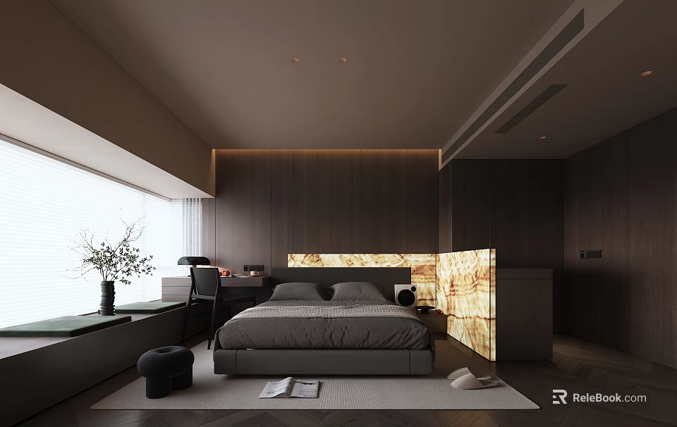 Modern Bedroom Interior With Dark Wooden Walls Large Bed Desk And Floor to Ceiling Window 3d model 