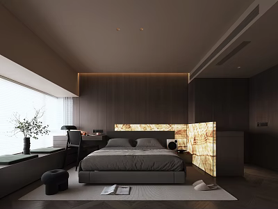 Modern Bedroom Interior With Dark Wooden Walls Large Bed Desk And Floor to Ceiling Window 3d model