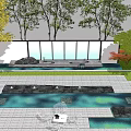 Modern Feature Wall With Glass Panels Lush Trees Water Feature And Stone Paving
