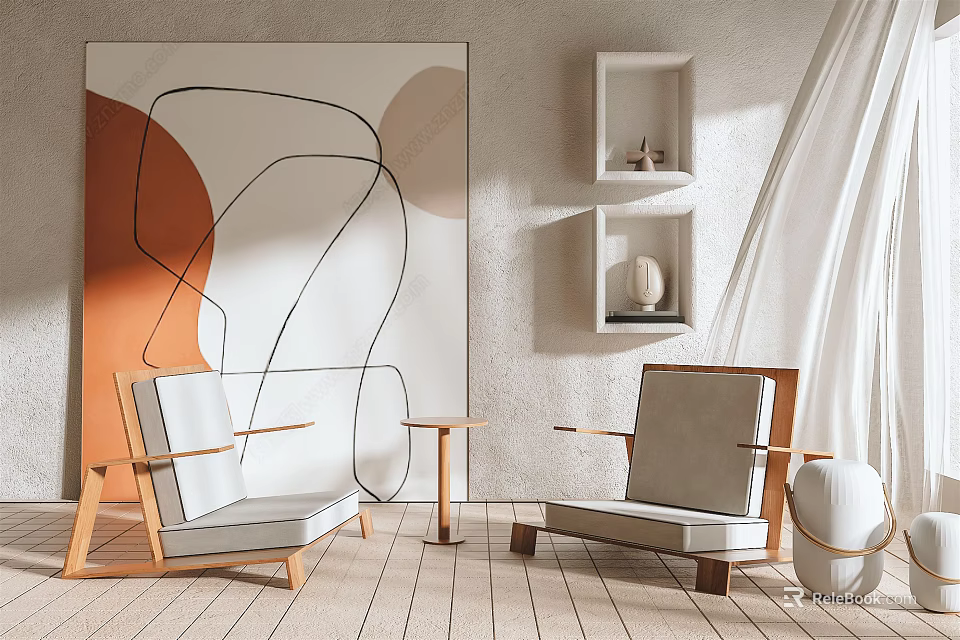 Modern Leisure Sofa Set Featuring Wooden Frame Light Gray Cushions Abstract Painting And Wall Shelves 3d model 