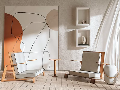 Modern Leisure Sofa Set Featuring Wooden Frame Light Gray Cushions Abstract Painting And Wall Shelves 3d model