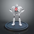 White Robot Character With SIMON Text Red S Logo Standing On Black Circular Base 3d model