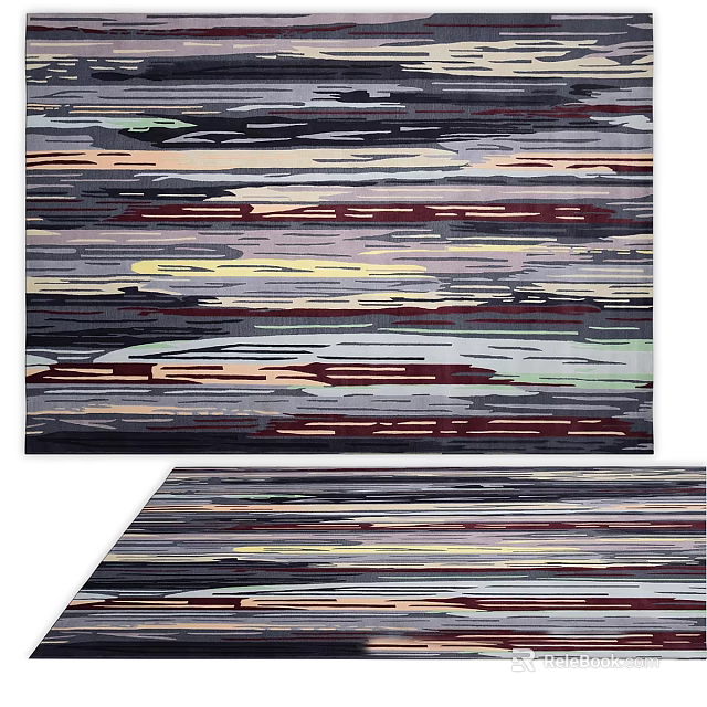 Square Rug With Abstract Striped Patterns In Dark Gray Red And Yellow Tones 3d model