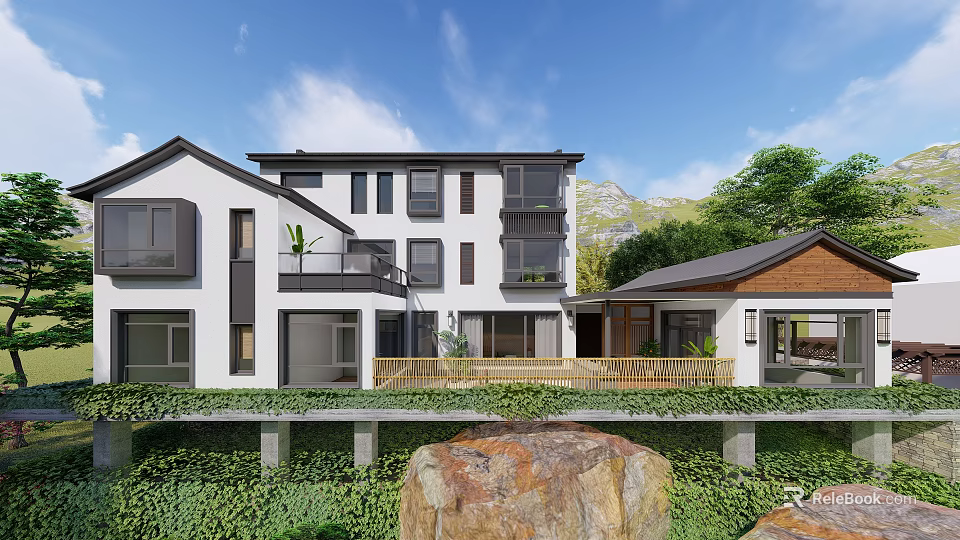 Modern Detached Villa Exterior With White Facade Black Roof Balcony Greenery And Stone 3d model 