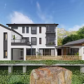 Modern Detached Villa Exterior With White Facade Black Roof Balcony Greenery And Stone