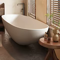 Hotel Bathroom Interior With Double Oval Mirrors Double Vanity Freestanding Bathtub And Wooden Beam Ceiling