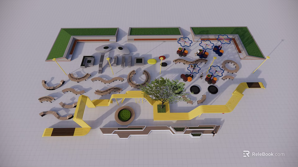 Outdoor Chairs In Modern Garden Layout With Green Plants And Leisure Areas 3d model 