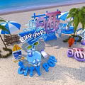 City Pop Themed Beach Setup With Palm Trees Colorful Decorations And Umbrellas