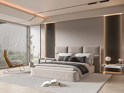 Elegant Modern Bedroom Interior Featuring Upholstered Headboard Gray Black Pillows Nightstands Area Rug And Wooden Floor 3d model
