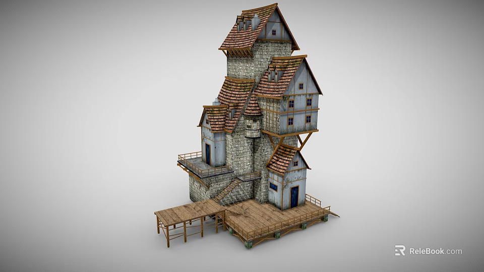 Tall Irregular Multi Level Building With Stone Walls Wooden Platforms And Tiled Roofs 3d model 
