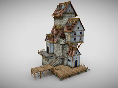 Tall Irregular Multi Level Building With Stone Walls Wooden Platforms And Tiled Roofs 3d model
