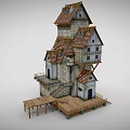 Tall Irregular Multi Level Building With Stone Walls Wooden Platforms And Tiled Roofs