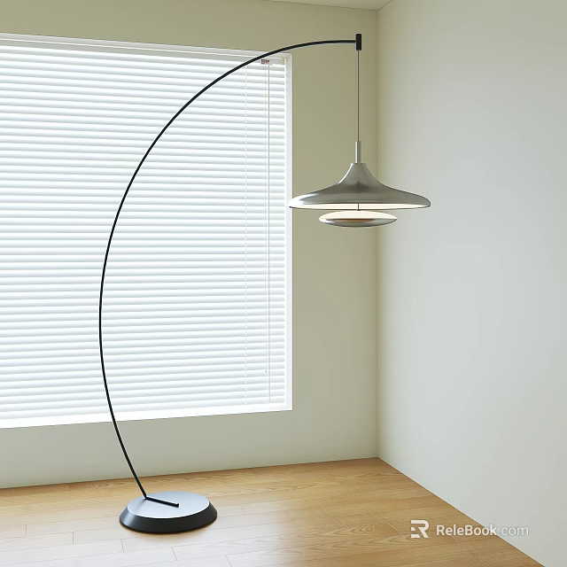 Arc Floor Lamp in Modern Room With White Blinds Light Colored Walls and Wooden Floor 3d model 