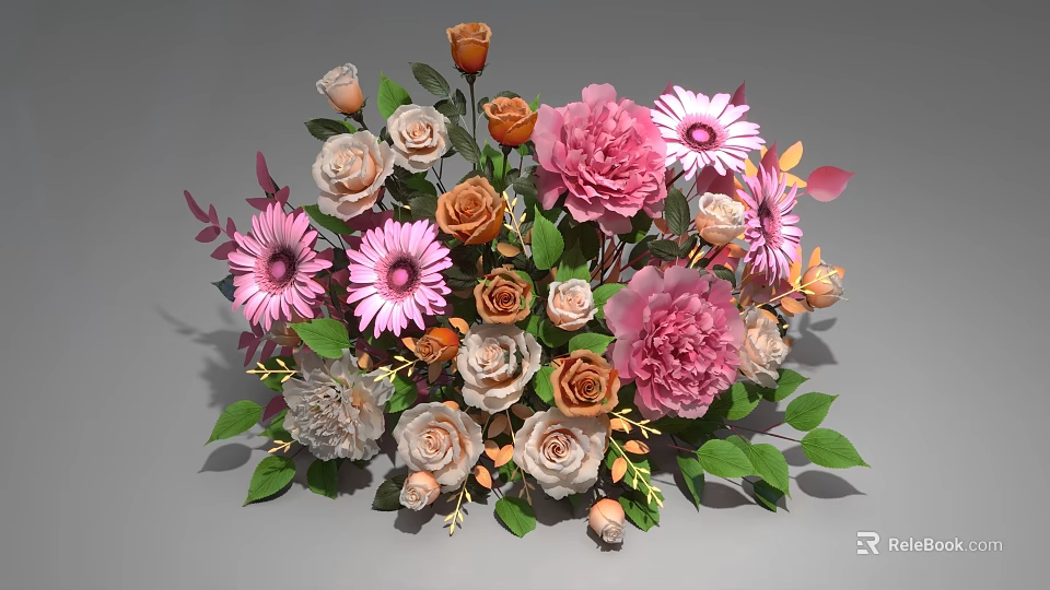 Colorful Mixed Flower Bouquet With Pink Orange White Flowers And Green Leaves 3d model 