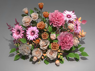 Colorful Mixed Flower Bouquet With Pink Orange White Flowers And Green Leaves 3d model