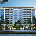 Modern Multi Storey Residential Building Exterior With Glass Windows Green Plants And Water Fountain