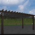Outdoor Wooden Pergola Featuring Intricate Carvings Surrounded By Greenery And Stone Pavement