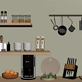 Organized Kitchen Shelves With Hanging Utensils Coffee Maker Cutting Board And Cooking Tools