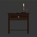 Dark Wooden Display Shelf Cabinet With Drawer Lower Shelf Candle Holder And Small Dish