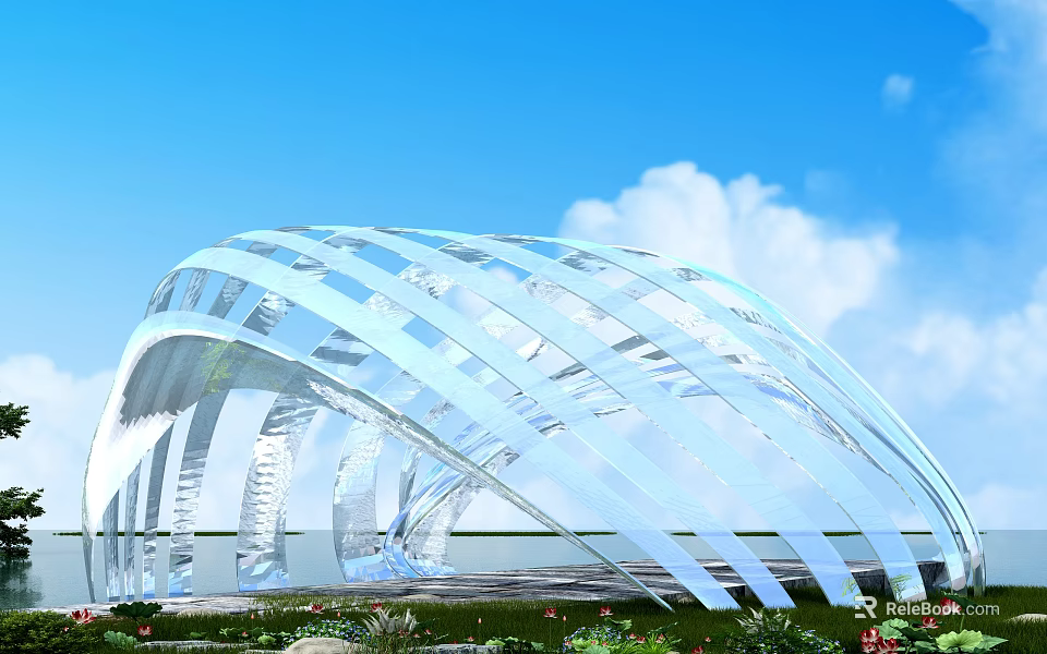 Modern Pergola Design Curved Transparent Structure With Green Plants Against Blue Sky 3d model 