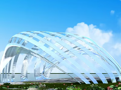 Modern Pergola Design Curved Transparent Structure With Green Plants Against Blue Sky 3d model