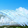 Modern Pergola Design Curved Transparent Structure With Green Plants Against Blue Sky