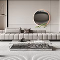 Modern Living Room Interior With Circular Mirror Sofa Glass Coffee Table Fireplace And Potted Plant