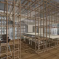 Interior Construction Framework With Wooden Scaffolding Concrete Walls And Wooden Floor