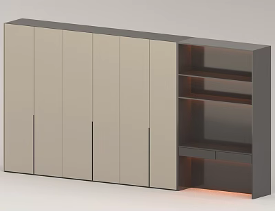 Modern Background Wall With Multiple Beige Cabinet Doors And Dark Open Shelves With Bottom Lighting 3d model
