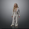 Blonde Woman In White Suit Set With Blazer And Wide Leg Pants On Gray Background