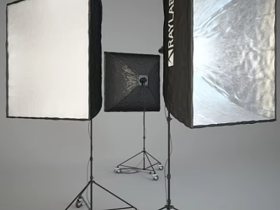 Professional Floor Lamp with Softbox and Silver Reflective Panel for Photography on Black Stand 3d model